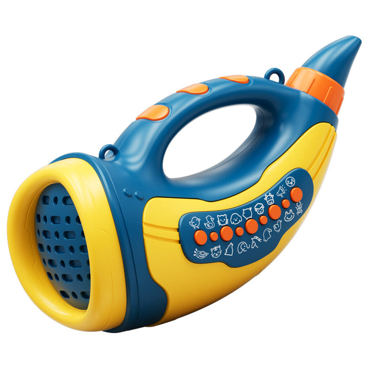 Blue and yellow toy horn with a built-in handle and orange animal sound buttons
