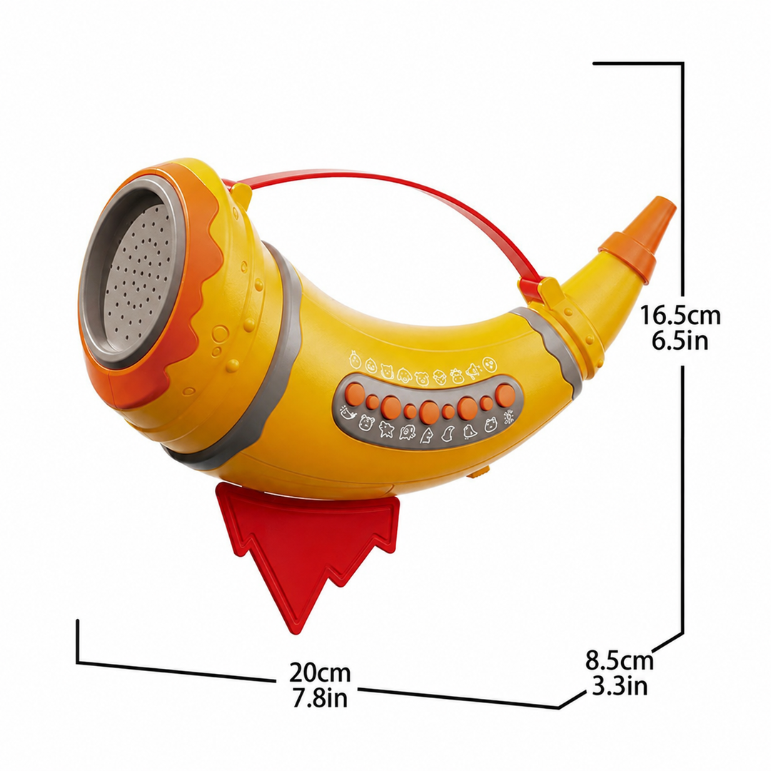 Toy horn measurement diagram labeled 20 cm long, 8.5 cm wide, and 16.5 cm high