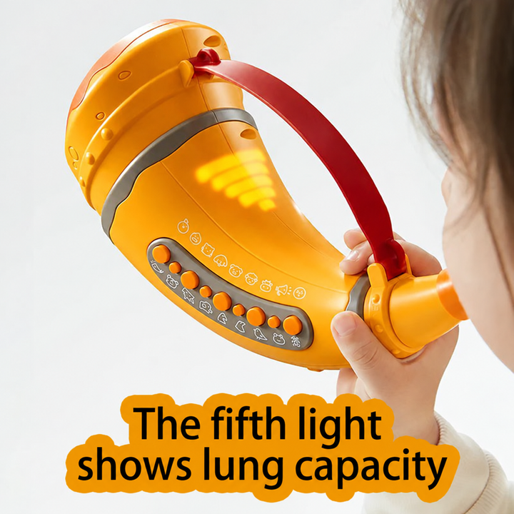Orange toy horn in use with a close-up of its glowing light bars