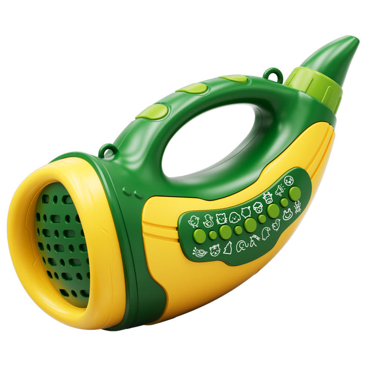 Green and yellow toy horn with a built-in handle and animal sound buttons