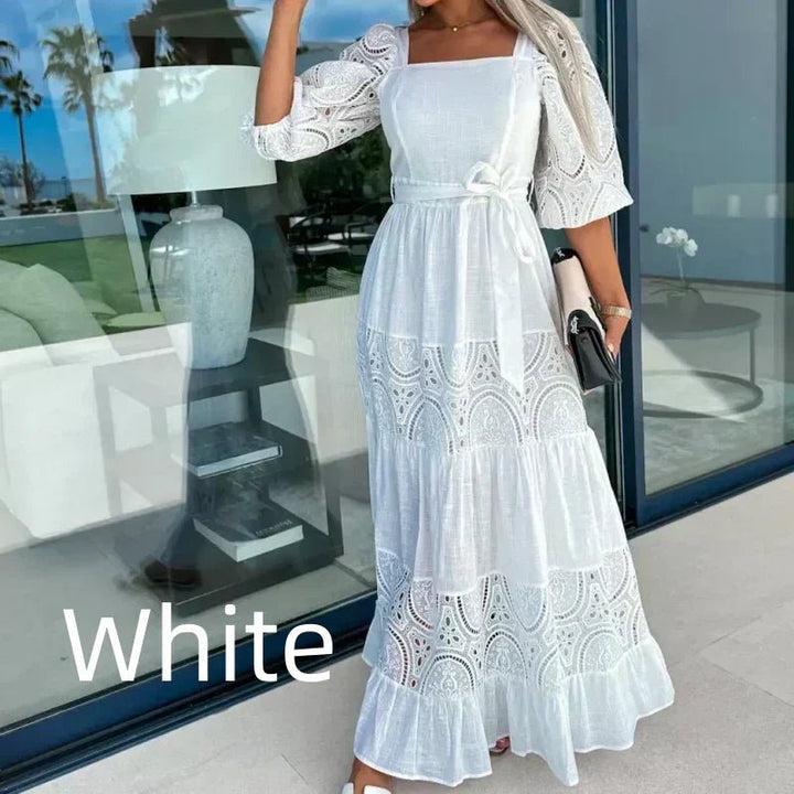 Willow Patchwork Tie Waist Square Neck Maxi Dress Product Image 01