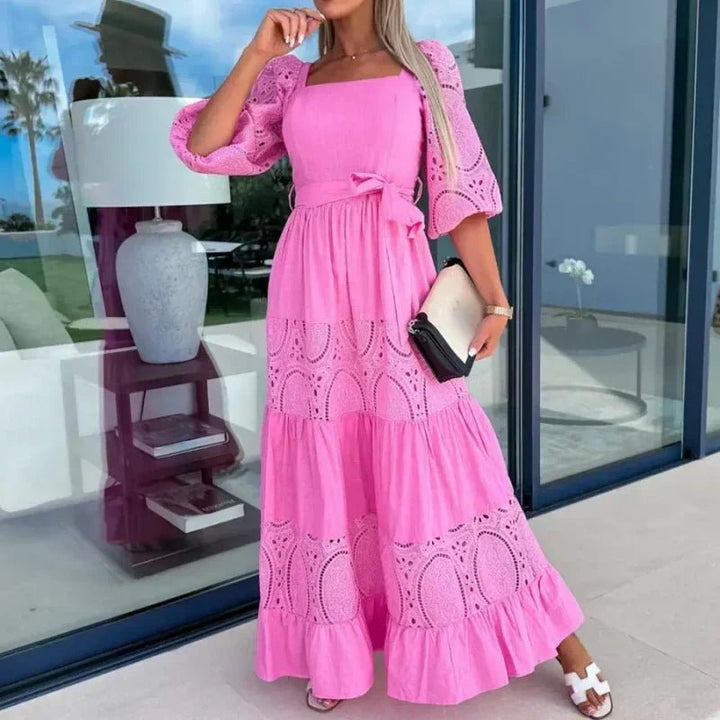 Willow Patchwork Tie Waist Square Neck Maxi Dress Product Image 03
