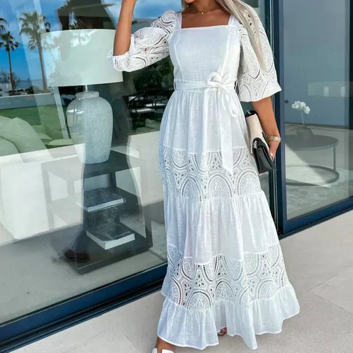 Willow Patchwork Tie Waist Square Neck Maxi Dress Product Image 06