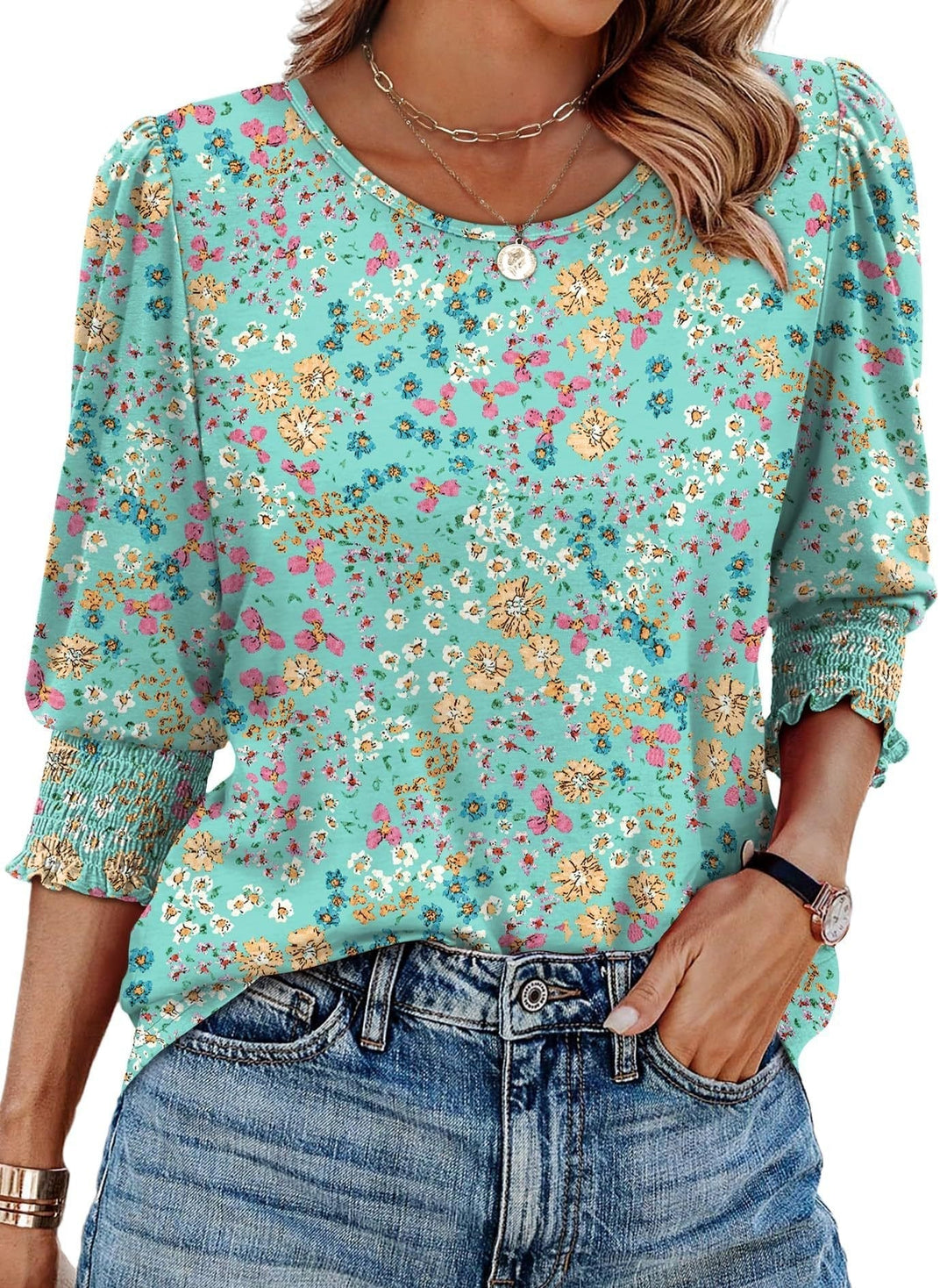 Willow Printed Three Quarter Sleeve Blouse Elastic Cuffs Product Image 01