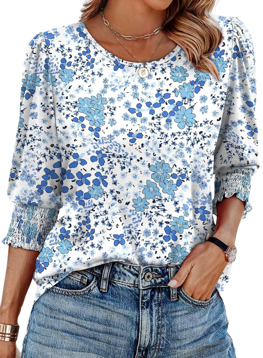 Willow Printed Three Quarter Sleeve Blouse Elastic Cuffs Product Image 09