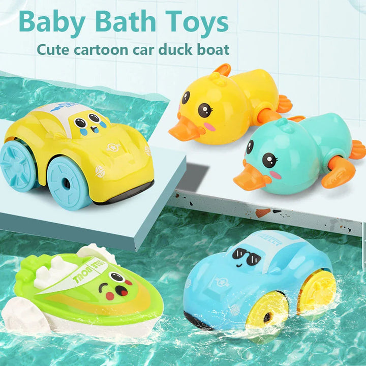 Blue and yellow cars, yellow and blue ducks, and a green boat arranged around water.