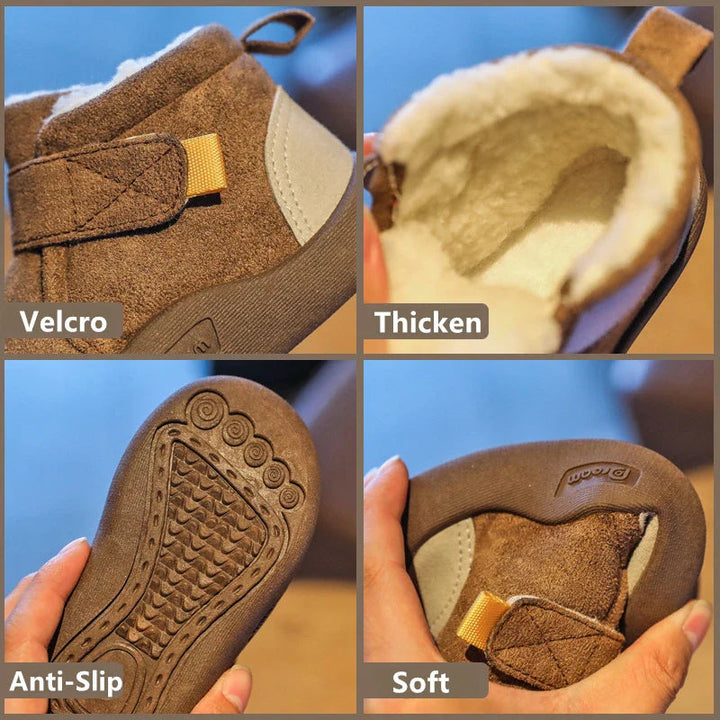 Winter boot details showing a hook-and-loop strap, plush lining, textured outsole, and a flexed sole