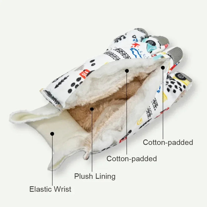 Winter glove cross-section with labeled plush lining, padding, and an elastic wrist.