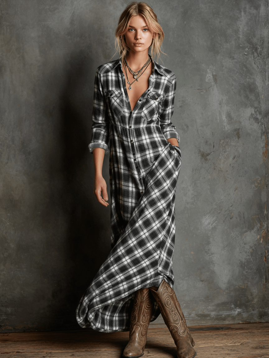 Women's Maxi Dress Plaid Pattern Lapel Collar Relaxed Fit | Casual Outings And Polished Events 4