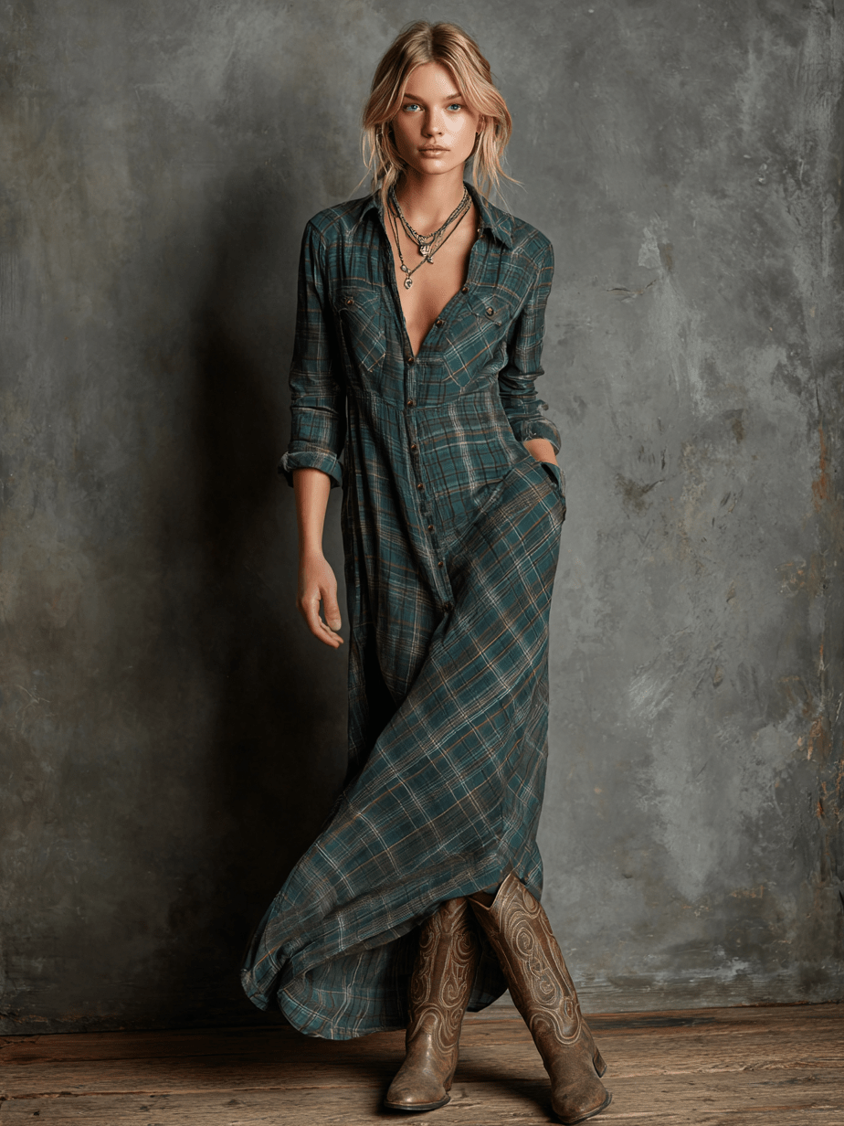 Women's Maxi Dress Plaid Pattern Lapel Collar Relaxed Fit | Casual Outings And Polished Events 1