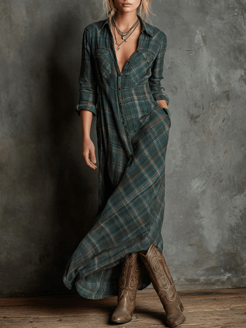 Women's Maxi Dress Plaid Pattern Lapel Collar Relaxed Fit | Casual Outings And Polished Events 0