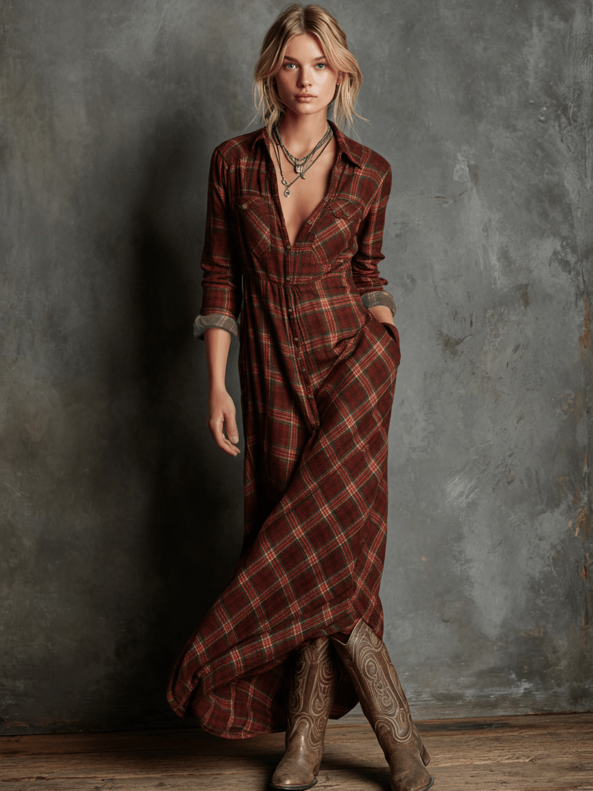 Women's Maxi Dress Plaid Pattern Lapel Collar Relaxed Fit | Casual Outings And Polished Events 2