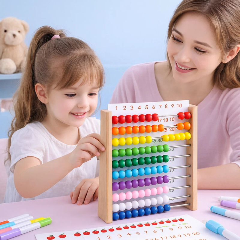 Child moving colorful beads on a wooden abacus beside an adult