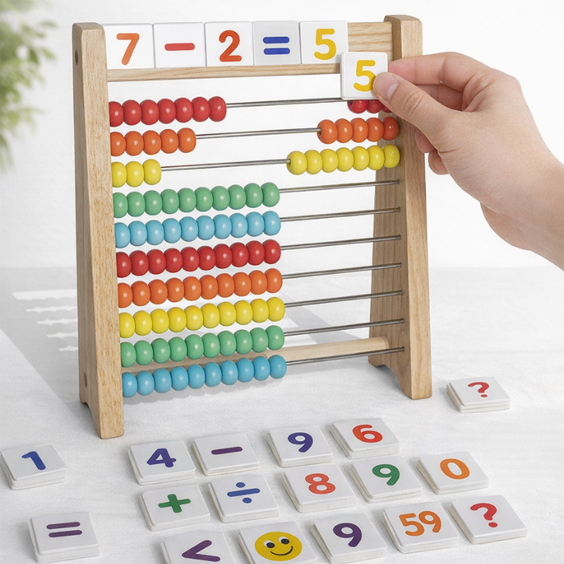 Wooden abacus with number and math-symbol tiles showing 7 minus 2 equals 5