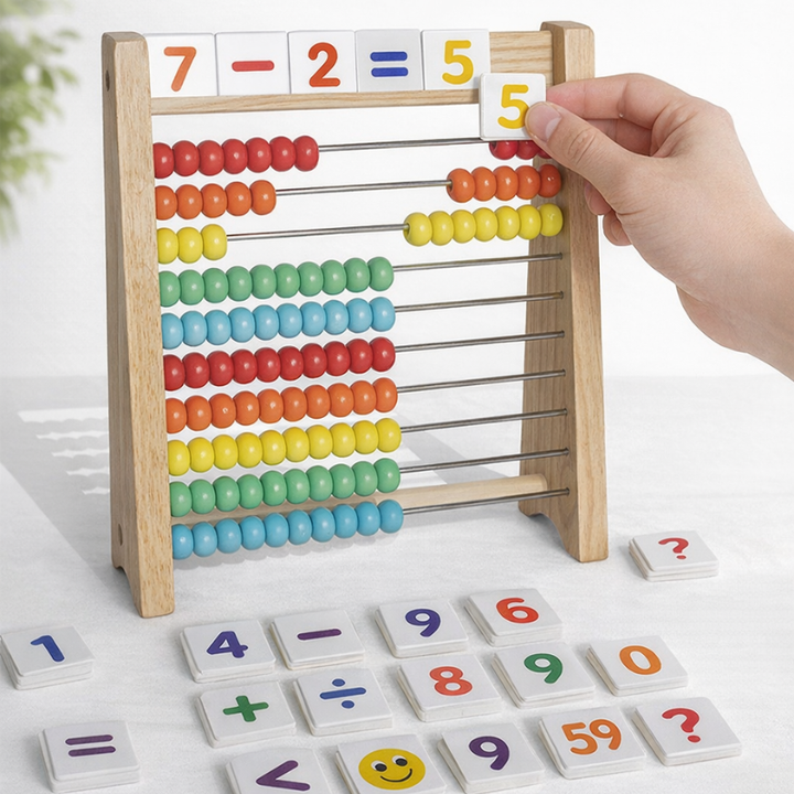 Wooden abacus with number and math-symbol tiles showing 7 minus 2 equals 5