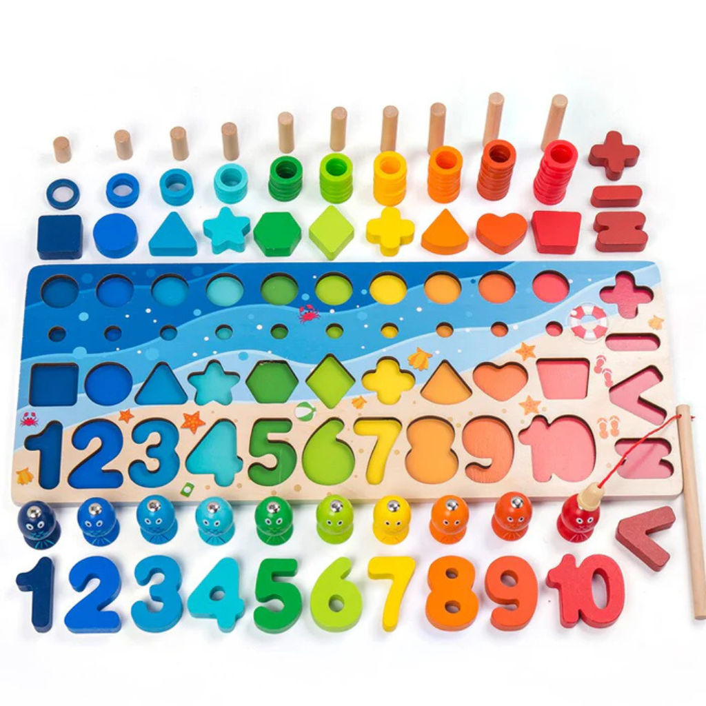 Multicolor wooden activity board with rings, shapes, numbers, fish, math signs, and a fishing rod arranged separately