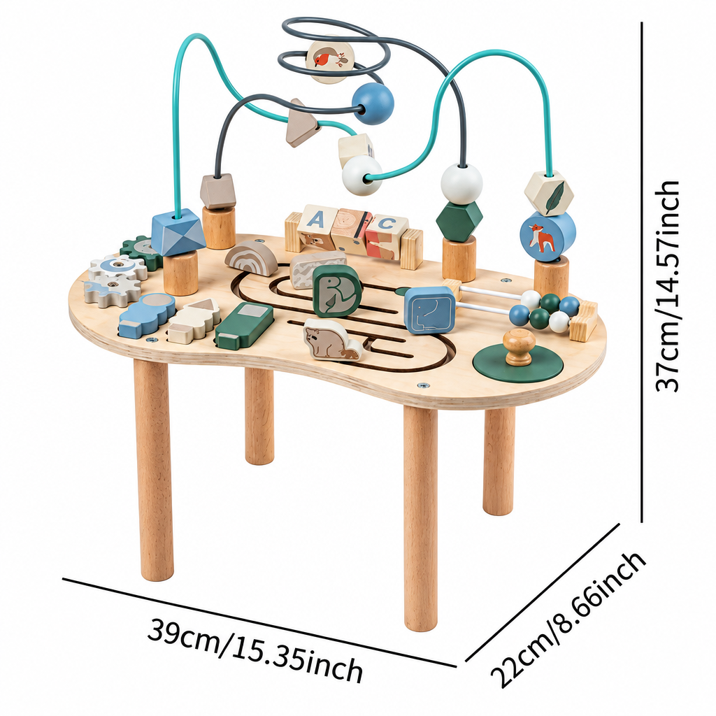 Wooden activity table dimension diagram: 39 cm wide, 22 cm deep, and 37 cm tall
