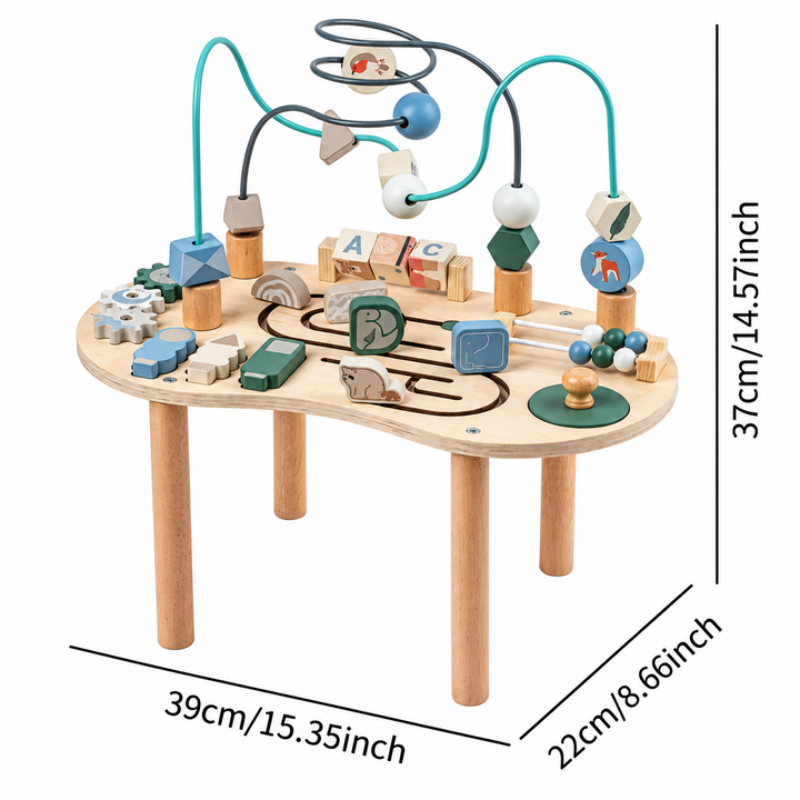 Wooden activity table dimension diagram: 39 cm wide, 22 cm deep, and 37 cm tall