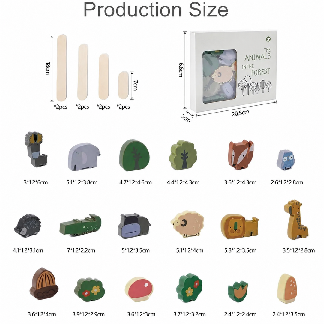 Measurement chart for animal and nature blocks, balancing sticks, and the product box.