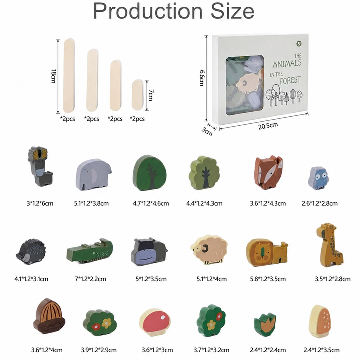 Measurement chart for animal and nature blocks, balancing sticks, and the product box.