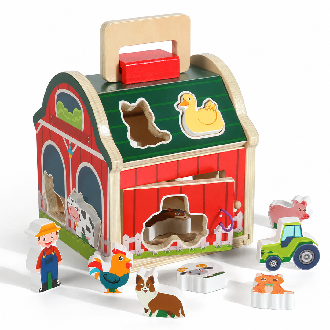 Front view of the barn shape sorter with animal-shaped openings and farm pieces.