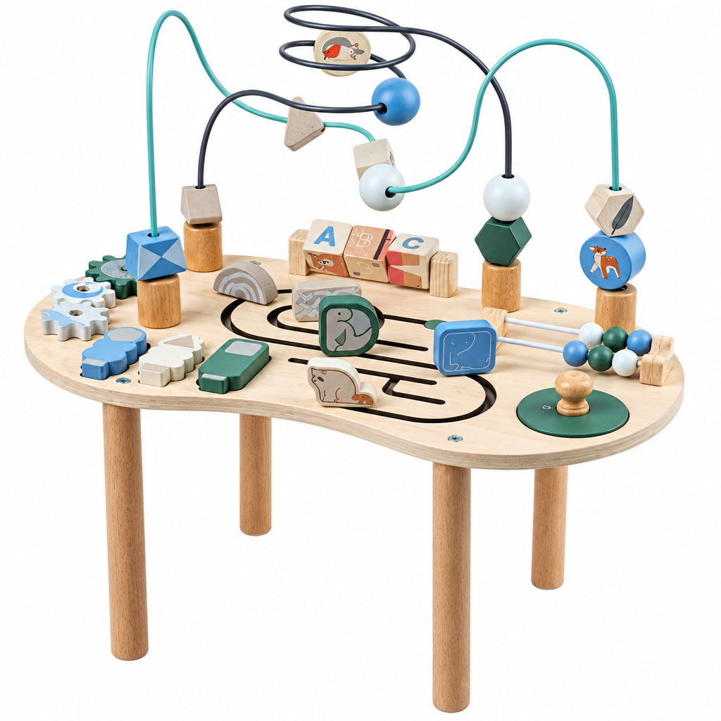 Front view of a wooden activity table with curved bead tracks, gears, and sliding paths