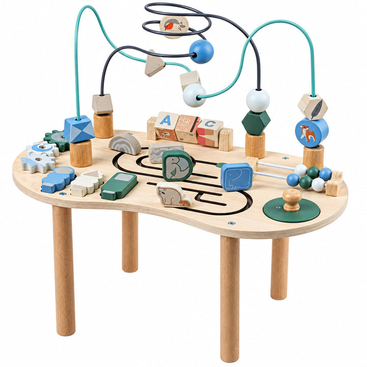Front view of a wooden activity table with curved bead tracks, gears, and sliding paths