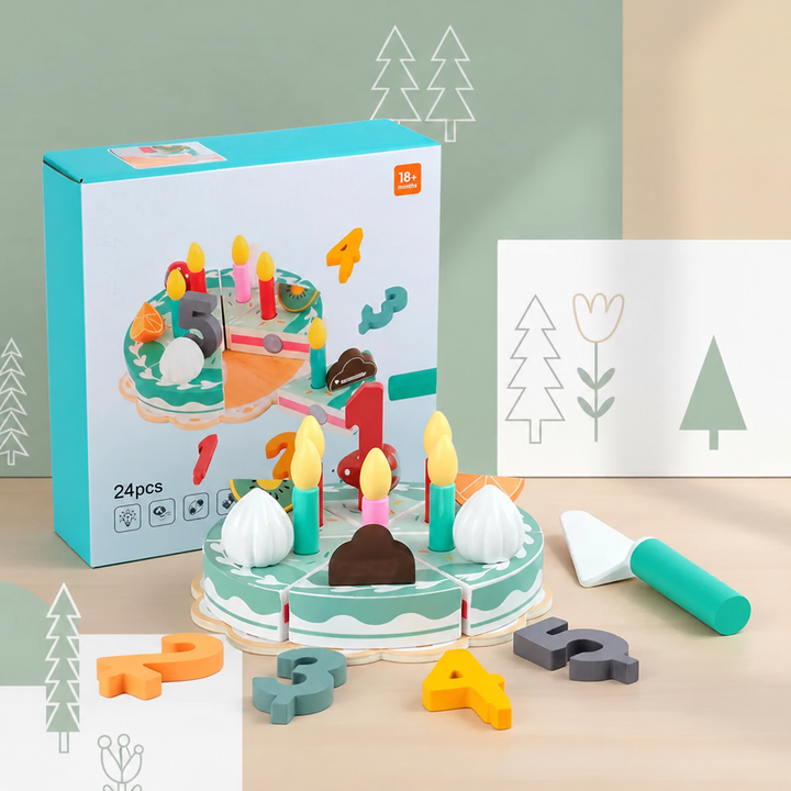 Wooden birthday cake play set with colorful candles, number decorations, a toy slicer, and box