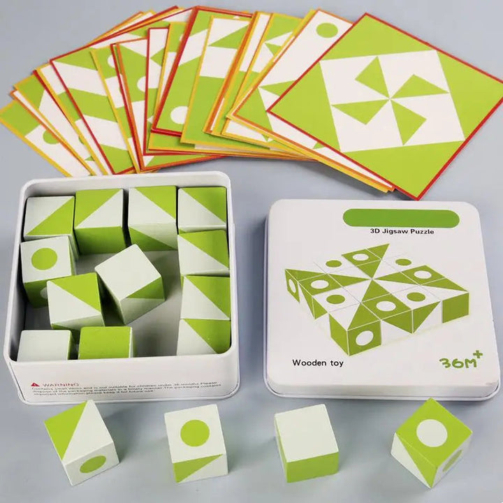 Wooden block puzzle set with geometric pattern cards and an open storage box