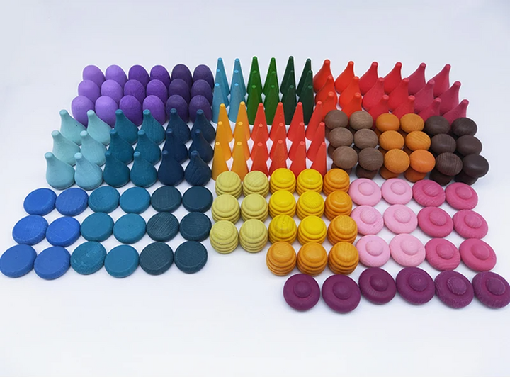 162-piece set option with multicolored wooden shapes arranged in rows