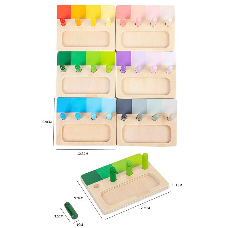 Six wooden color-matching boards with labeled board and peg dimensions