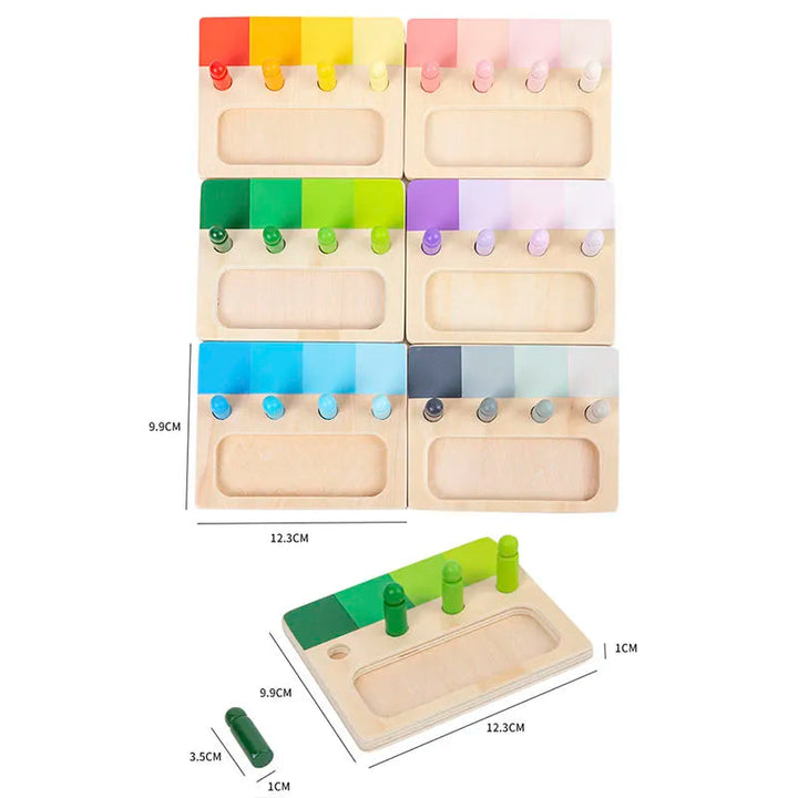 Six wooden color-matching boards with labeled board and peg dimensions