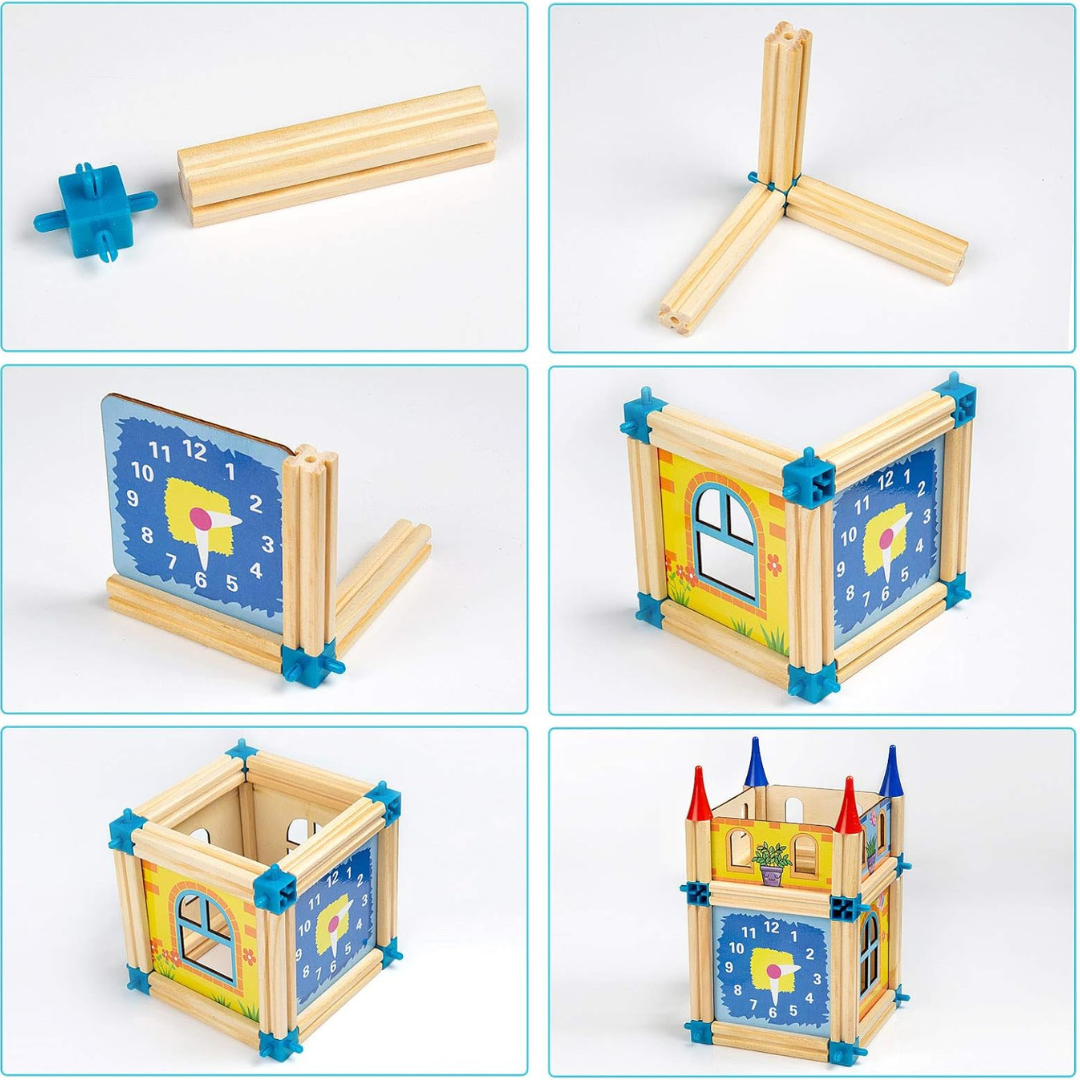 Six assembly steps showing blue connectors joining wooden pieces and illustrated panels