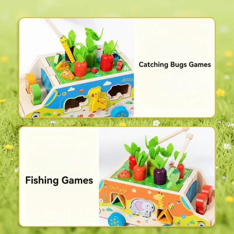 Magnetic bug-catching and fishing activities on the wooden play bus