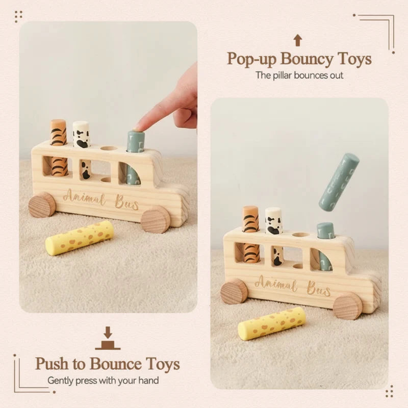 Two views showing a peg being pressed and popping out of the wooden bus