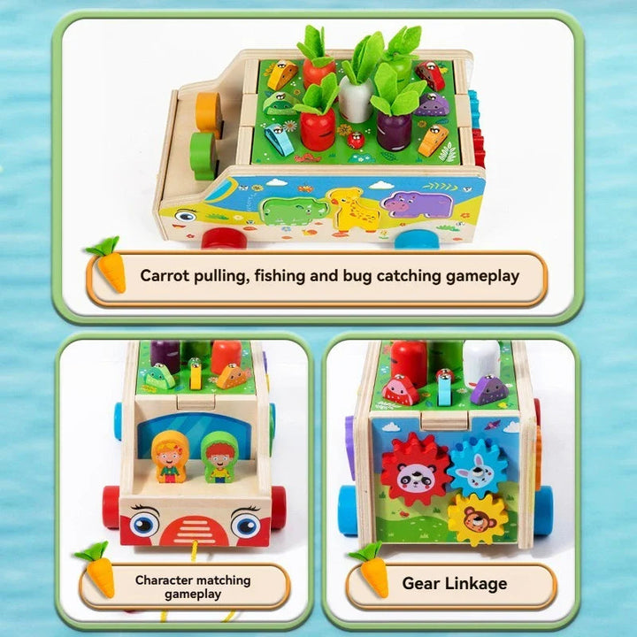 Wooden activity bus showing vegetable play, matching figures, and rear gears