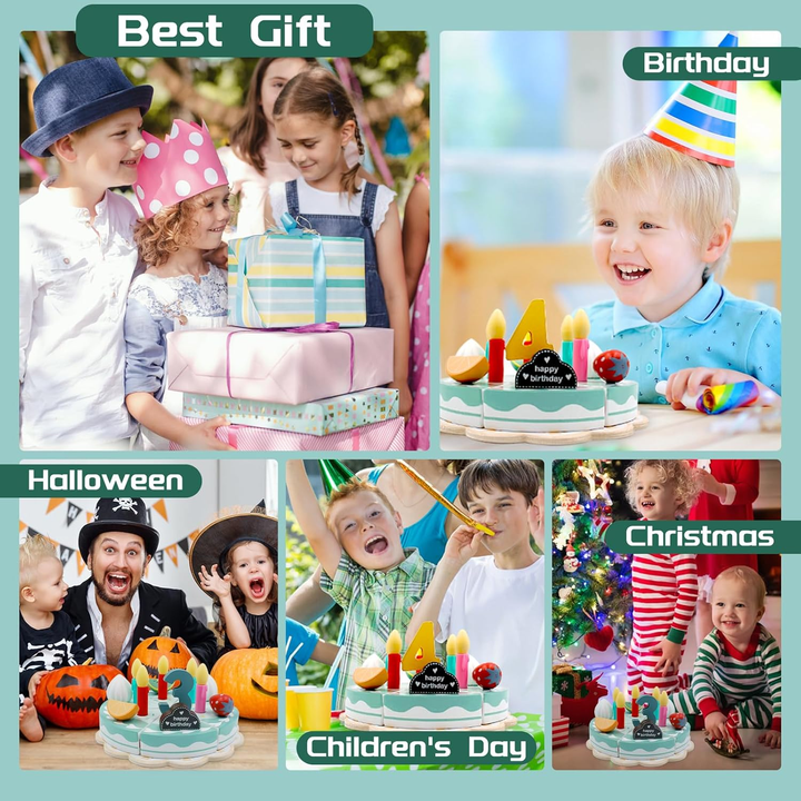 Collage of children with the wooden cake during birthday and holiday celebrations