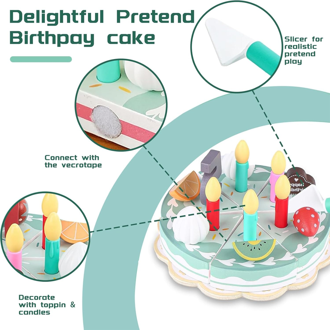 Wooden cake feature diagram with close-ups of the toy slicer, slice fasteners, and pretend candles