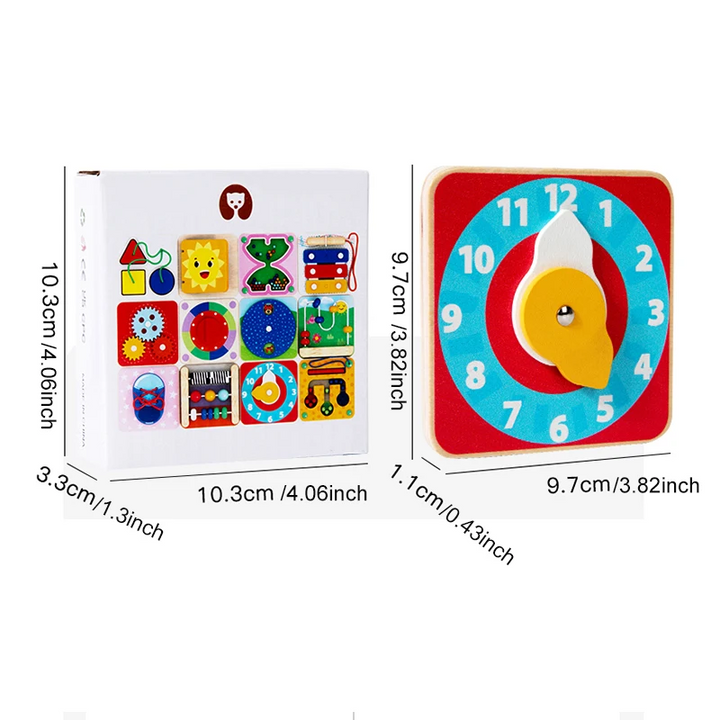 Measurement graphic showing a 9.7 cm square clock board and a 10.3 cm square box.