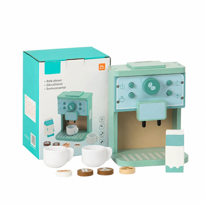 Wooden coffee play set and retail box with two cups, a milk jug, a milk carton and four wooden discs
