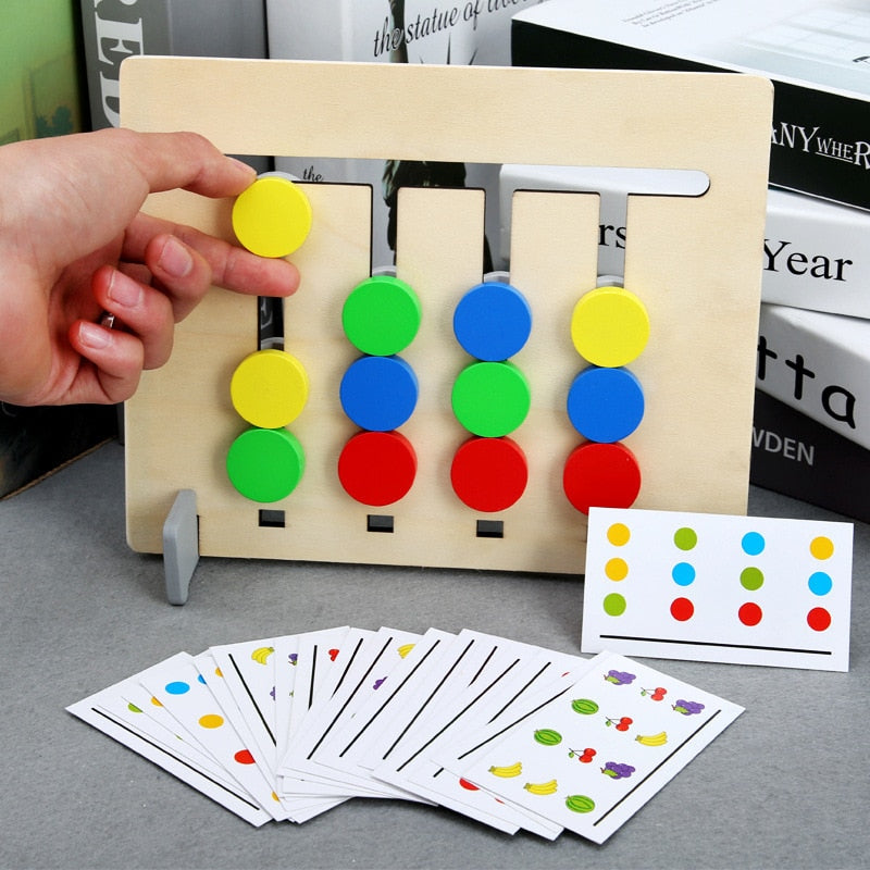 Hand sliding a yellow piece on the color side of the wooden sorting puzzle