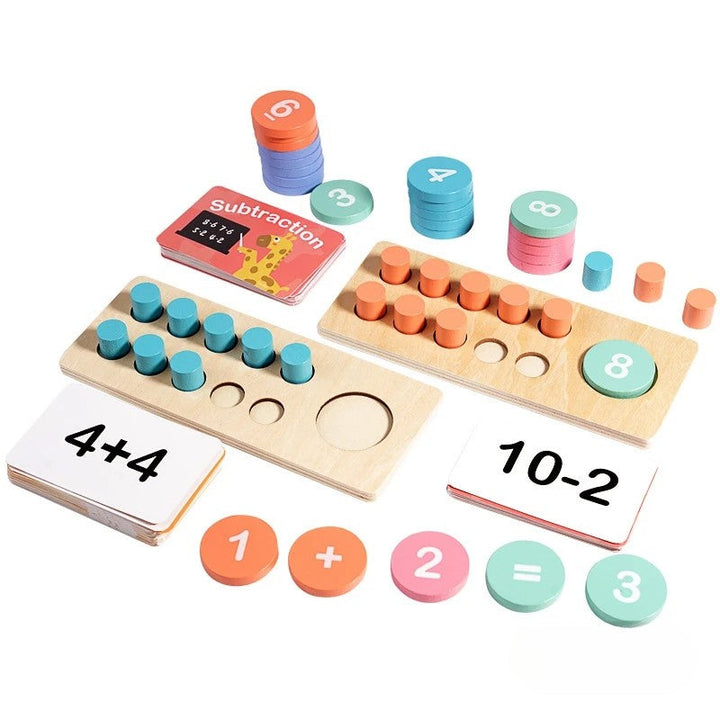 Two wooden ten-frame boards with counters, number and symbol tiles, and addition and subtraction cards