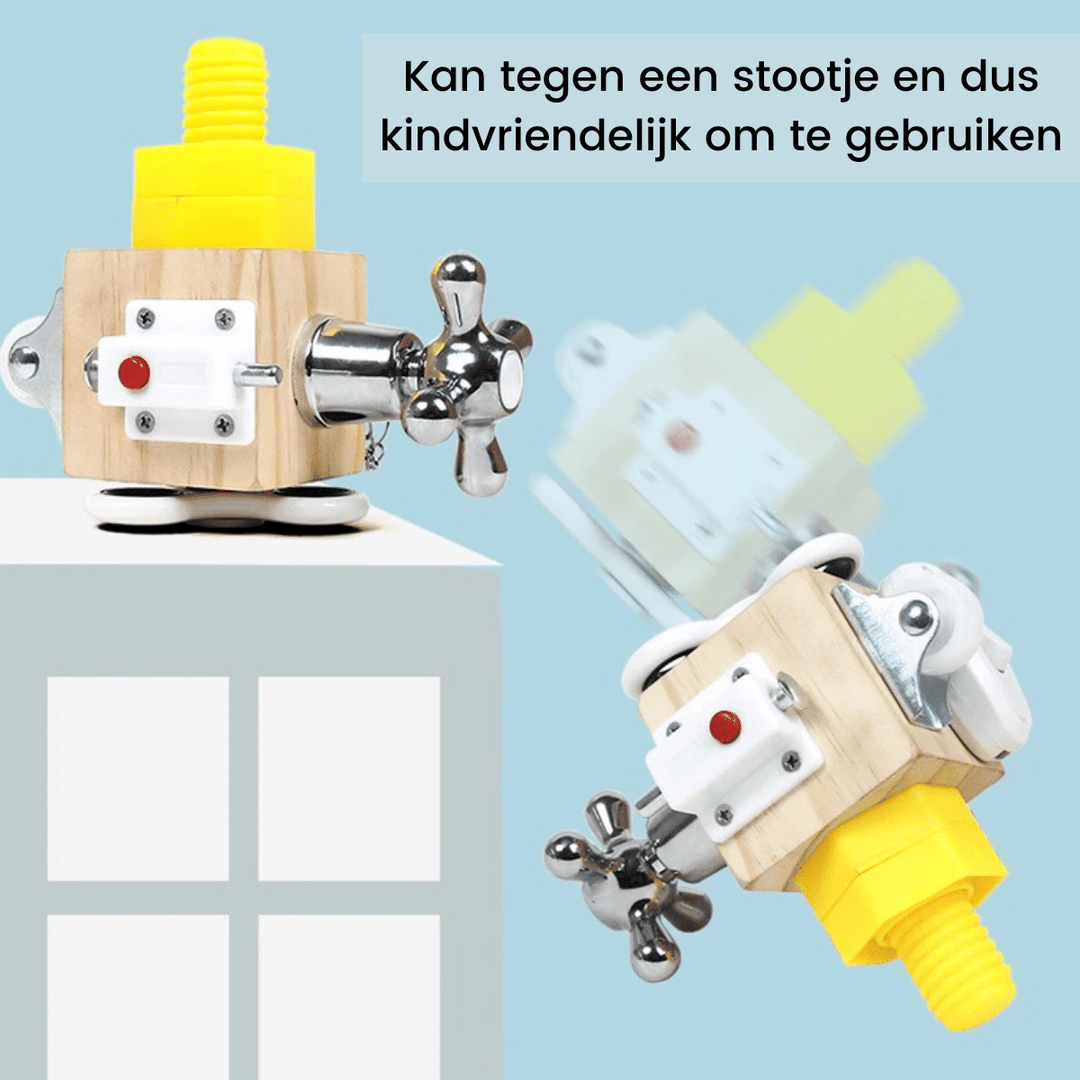 Upright and tilted views of a wooden activity cube with a yellow screw and sliding latch