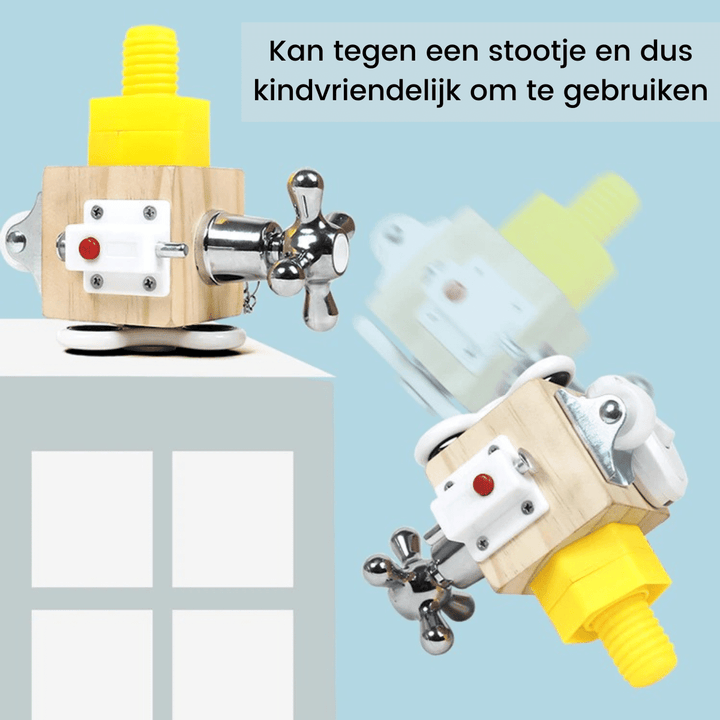 Upright and tilted views of a wooden activity cube with a yellow screw and sliding latch