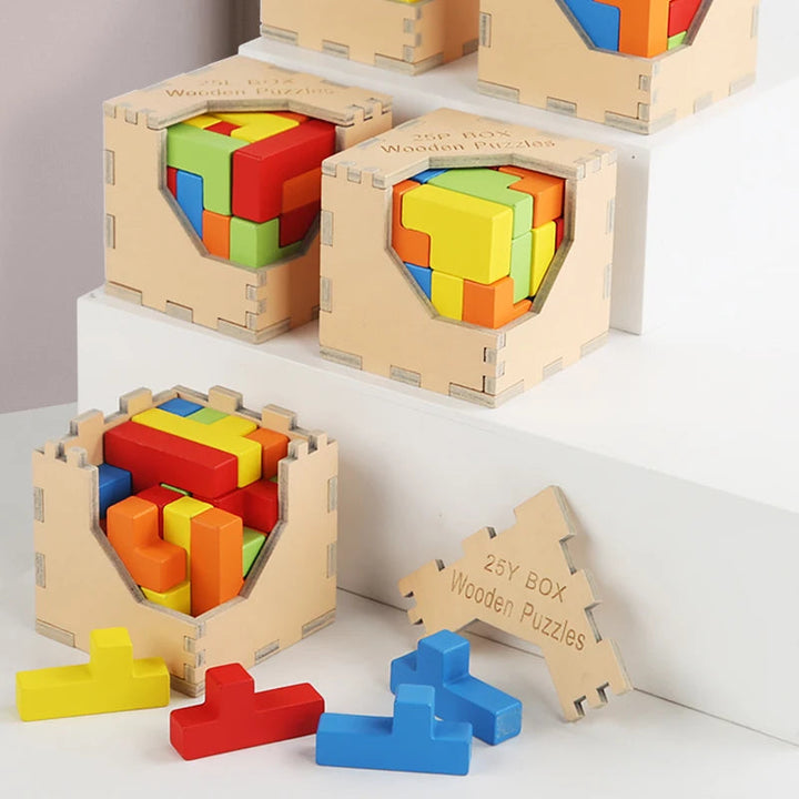 Wooden cube puzzles displayed with colorful loose blocks and a detached lid