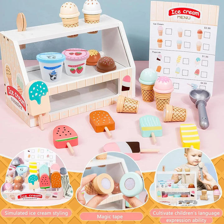 Wooden ice cream counter with a menu, toy cones, popsicles, cups, and scoop