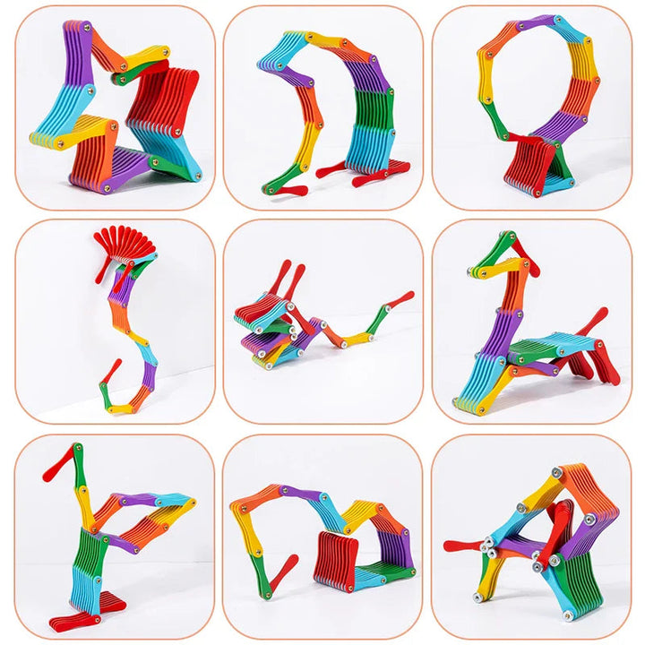 Nine geometric and animal-like shapes made with the colorful wooden folding puzzle
