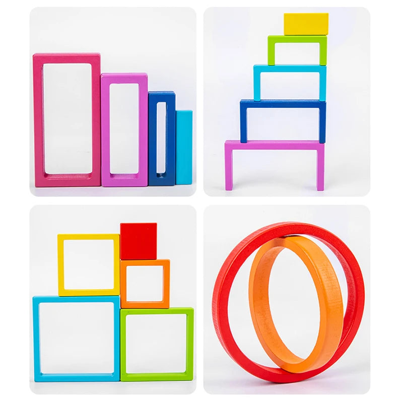 Wooden rectangles, squares, and rings shown in nested and balanced arrangements