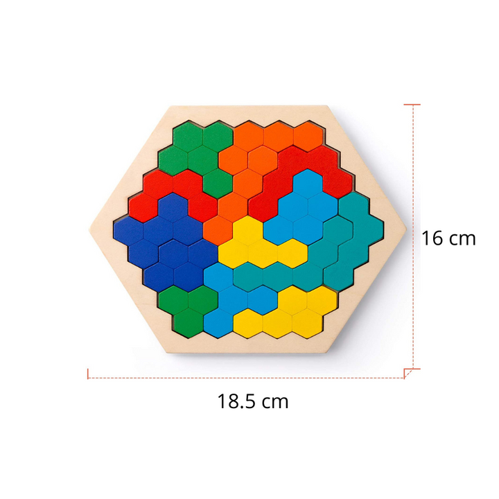 Wooden hexagonal puzzle shown with 18.5 cm by 16 cm measurements.