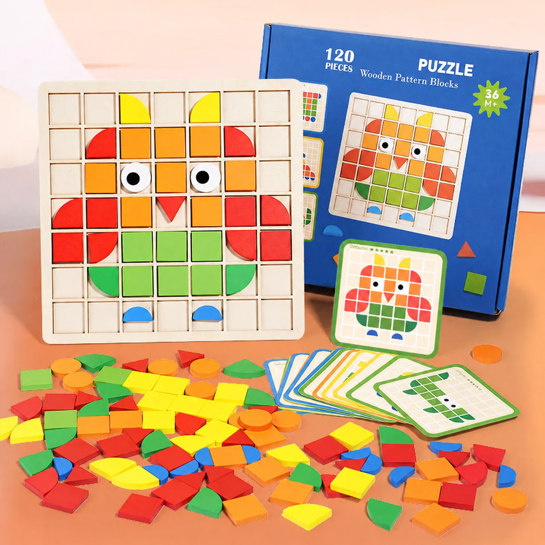 Wooden grid puzzle displaying an owl, with loose shapes, pattern cards, and box